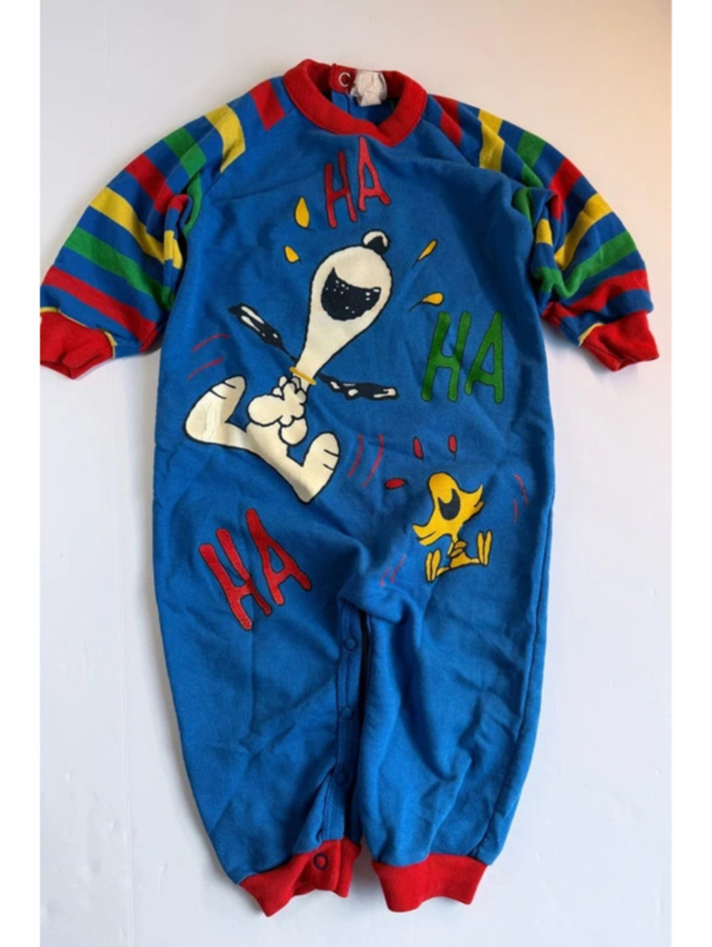 Vintage Peanuts Snoopy Woodstock Striped Romper Baby Size 12-18M